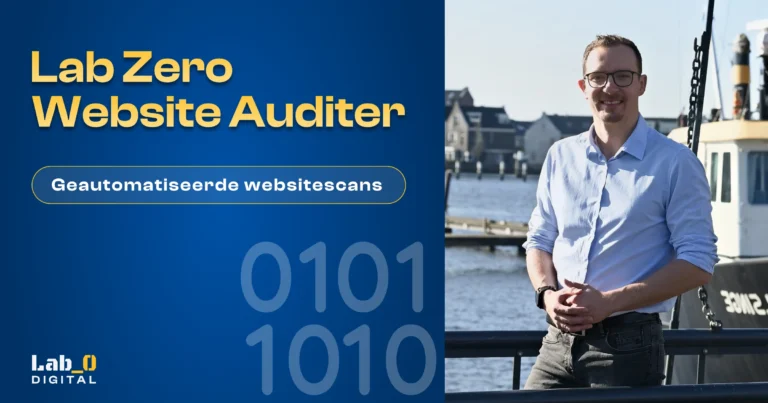 Titel: lab zero website auditer. Geautomatiseerde website scans. Op de foto de eigenaar van Lab Zero Digital